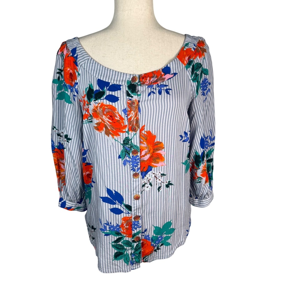Maeve Anthropologie Floral Pinstripe Blouse Womens 4 Blue Rayon Boho Button Top